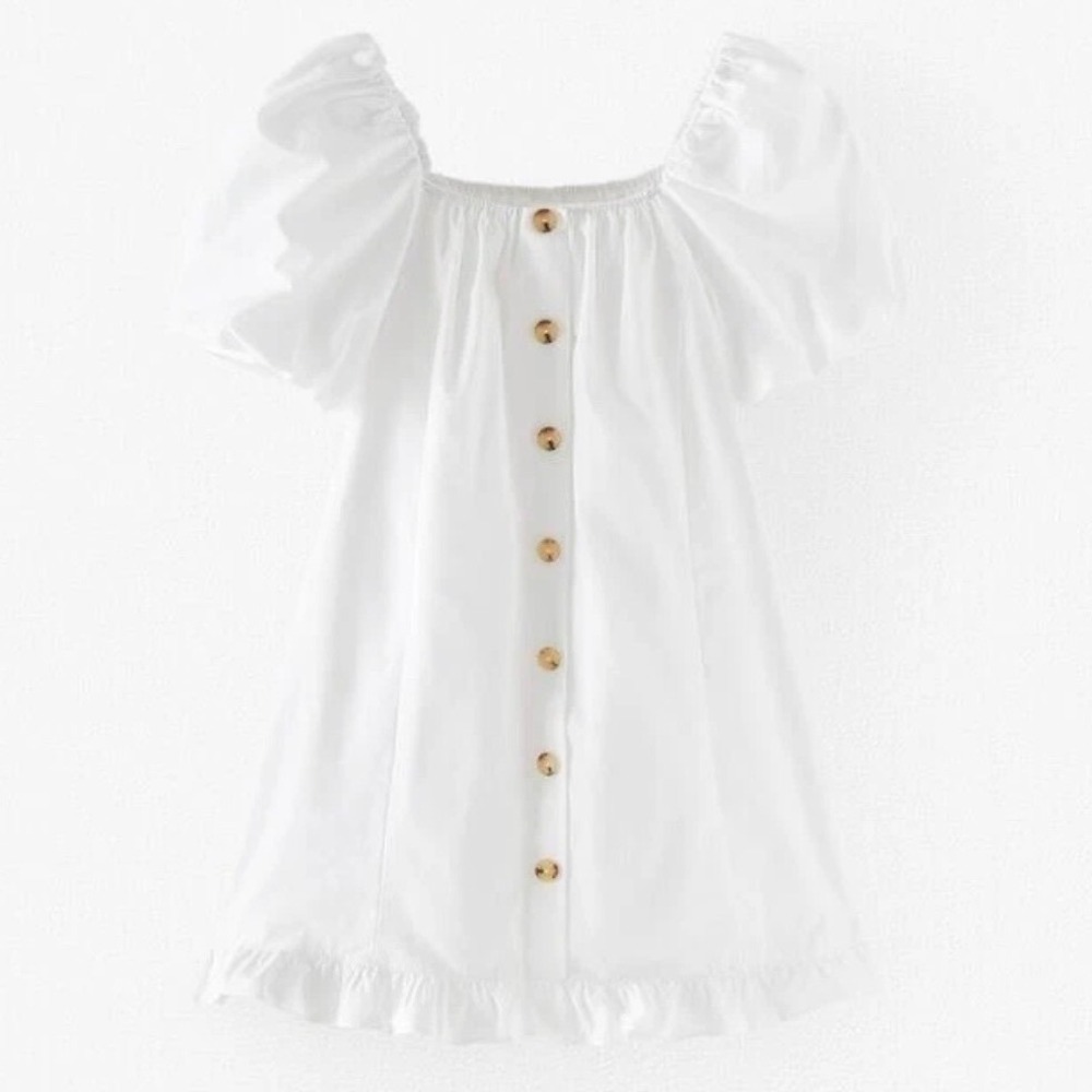 Girls 100% Cotton White Puff Sleeve Button Ruffle Dress S13/14 Coquette Boho - Picture 2 of 9
